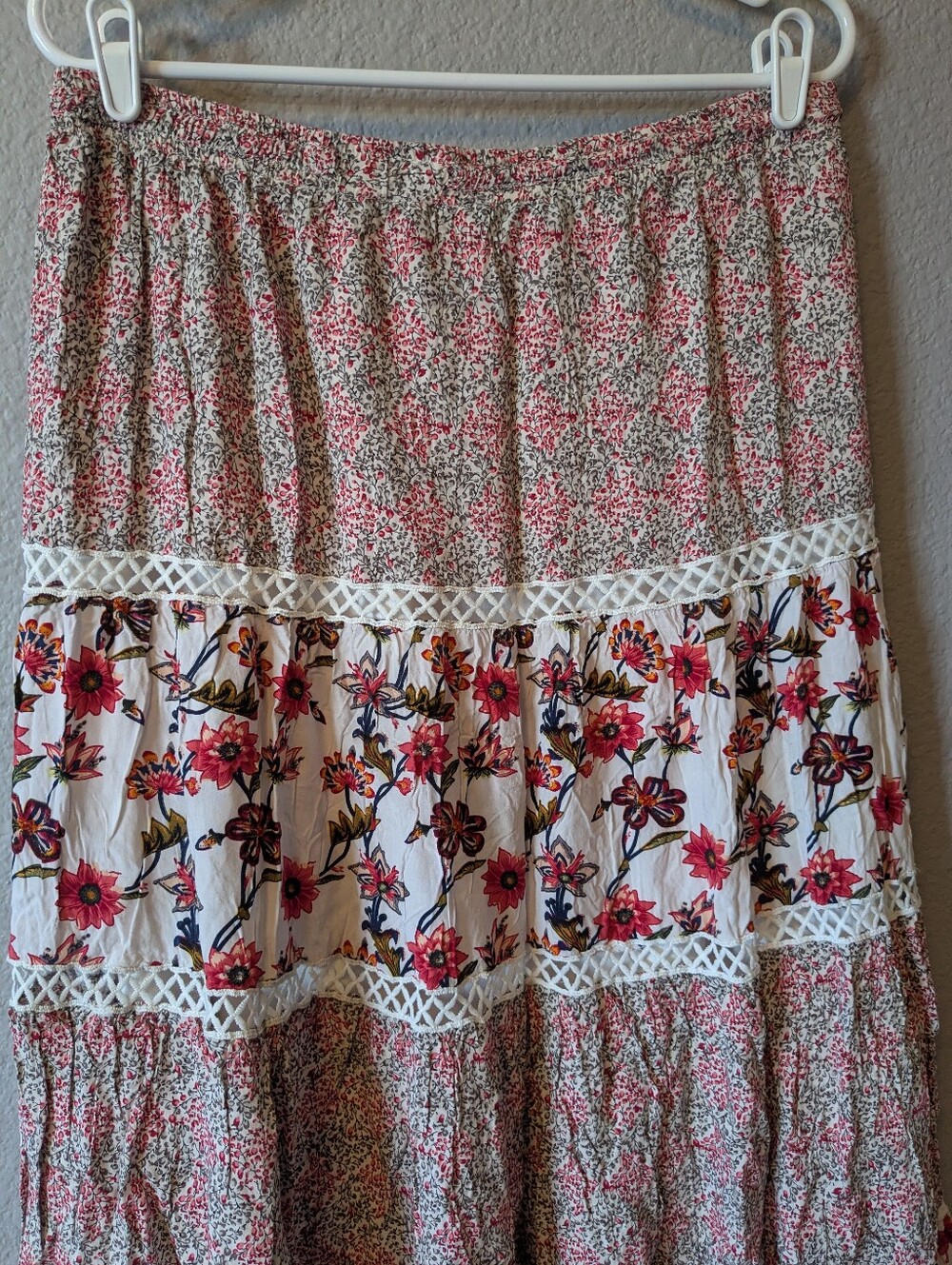 💕SALE💕Solitaire Floral Tiered Cotton Maxi Skirt Pink & White Long Boho Gypsie - Picture 4 of 6